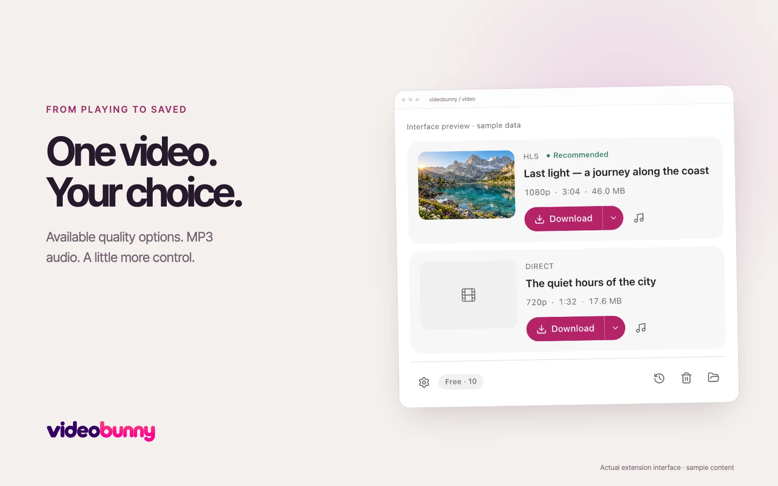 A detected HLS video in videobunny with quality and download controls.
