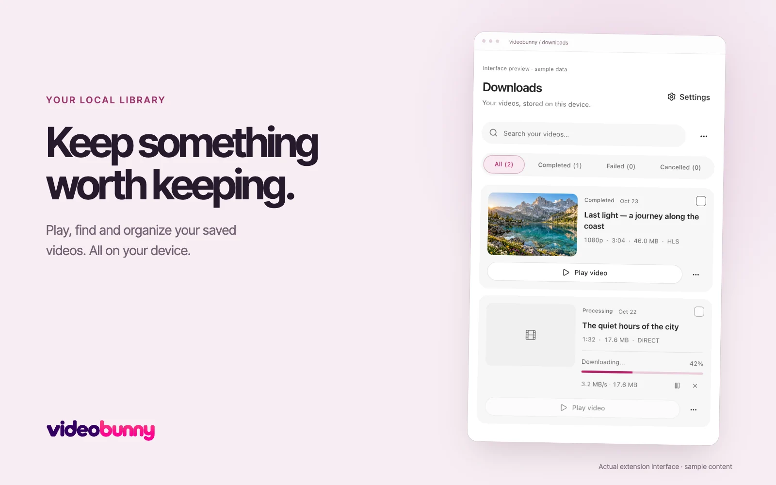 videobunny Downloads showing saved video titles, thumbnails, duration, file size and playback.